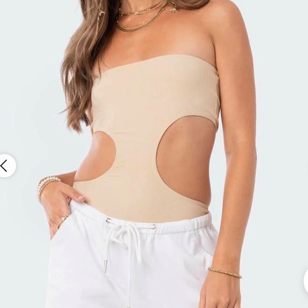 Edikted Tan Asymmetrical Cut-Out Bodysuit